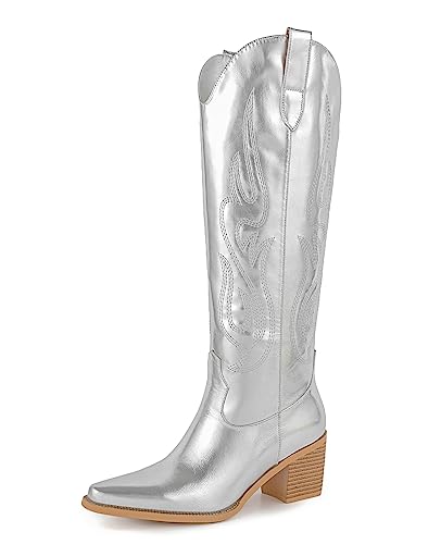 Pasuot Silver Cowboy Boots for Women - Wide Calf Cowgirl Knee High Western Metallic Boots with Embroidery, Pointed Toe Chunky Heel Retro Classic Tall Boot Pull On for Ladies Fall Winter US 8.5