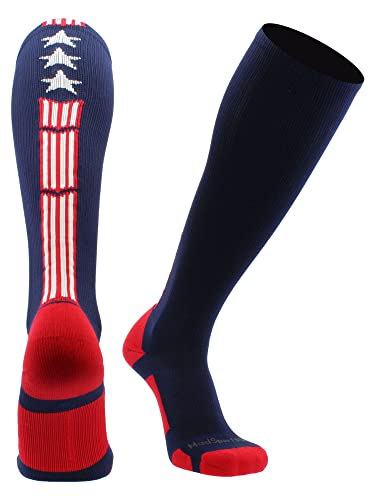 MadSportsStuff Patriot Stars and Stripes USA Flag Over the Calf Socks (Navy/Red/White 2.0, Medium)