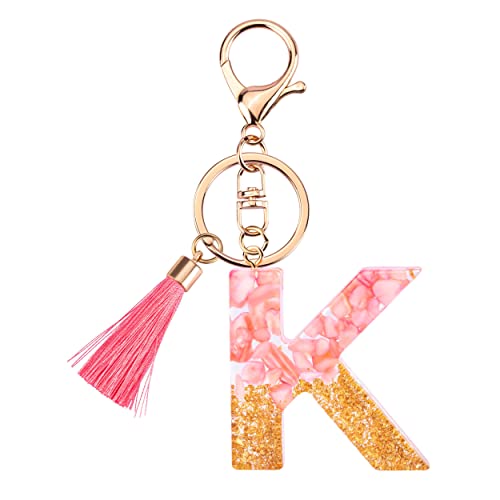Suweibuke Cute Pink Key Chains for Women Girls, Initial Letter Keychains with Tassel, Charms for Key Purse Handbags Backpacks (Pink-K)