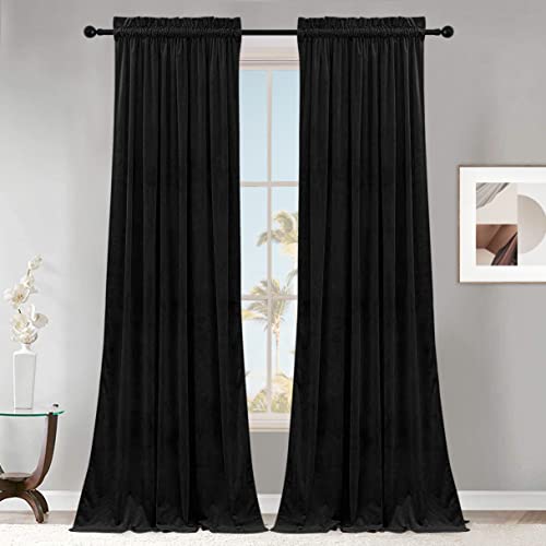 SMILETIME Black 96in Long Velvet Curtains with Rod Pocket Thermal Insulated Soft Privacy Room Darkening Velvet Drapes for Bedroom and Living Room, Set of 2 Panels, 52 x 96 Inches Long
