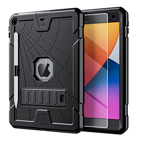 TSQQST iPad 9th Generation Case for Kids with Glass Screen Protector 2021 | iPad 10.2 Case 8th 7th Generation w/Pencil Holder+Stand | Heavy Duty Drop Proof Case for iPad 9th 8th 7th Gen | Black