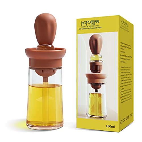 hoforife Glass Olive Oil Bottle And Brush 2 In 1, Silicone Dropper Measuring Oil Dispenser Bottle Kitchen Cooking Baking BBQ Grill Vinegar Turkey Basting Pastry Brushes