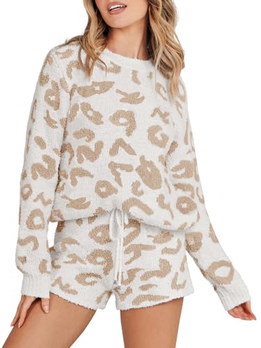 MEROKEETY Women's 2023 Winter Fuzzy Fleece Leopard Long Sleeve Pajama Set 2 Piece Sweater Top and Shorts Loungewear,Apricot,M