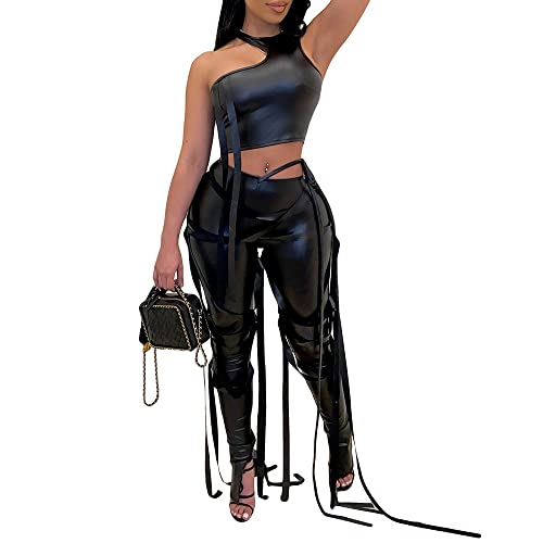 MESLIMA Women's PU Leather 2 Piece Outfits Sleeveless Tank Top Solid Lace Up Split Bodycon Pants Set Clubwear Black XL