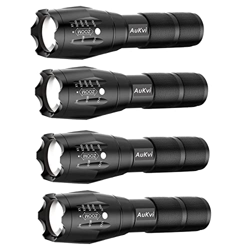 AuKvi TC1200 Tactical Flashlight 3000 Lumens Zoomable 5 Modes for Hurricane Camping Hiking etc (4-Pack)