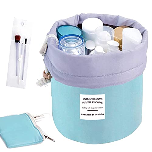 INVODA Cosmetic Bag for Women Barrel Shaped Travel Makeup Bags Large Capacity Soft Waterproof Portable Drawstring Cosmetic Bag Multifunctional Bucket Toiletry Bag (Green)