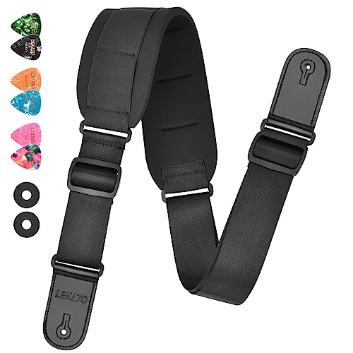 LEKATO Guitar Strap, Bass Straps for Electric Guitar with 3.3' Wide Sponge Pad for Effective Decompression Padded Bass Guitar Straps Adjustable Length from 42' to 58' with 2 Safety Locks & 6 Picks