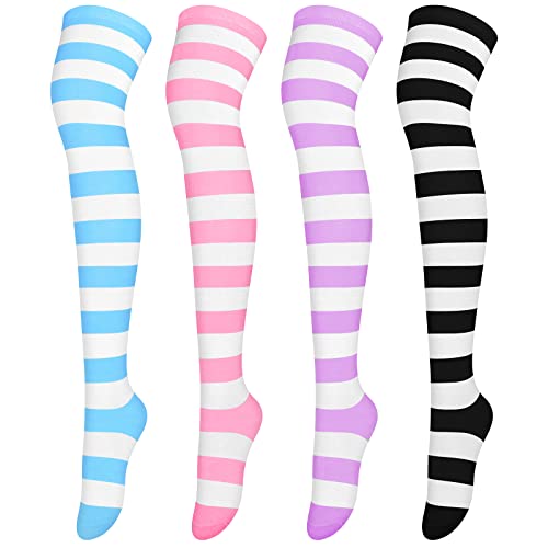 Aneco 4 Pairs Over Knee High Stripe Socks Stripe Thigh High Socks Cosplay Accessories for Woman Girls