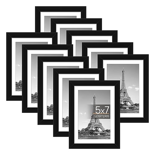 upsimples 5x7 Picture Frame Set of 10, 4x6 with Mat or 5x7 Without Mat, Multi Photo Frames Collage for Wall or Tabletop Display, Black