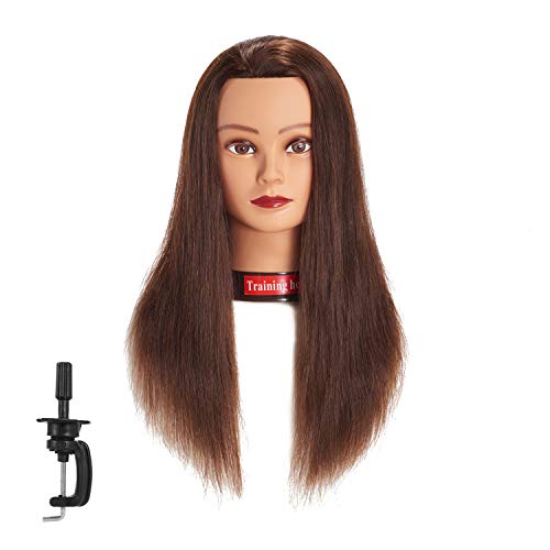 Traininghead 20-22' Female 100% Human Hair Mannequin Head Hair Styling Training Head Cosmetology Manikin Head Doll Head for Hairdresser with Free Clamp (brown)（14-16'' ）