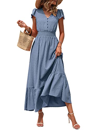 PRETTYGARDEN Womens 2024 Spring Swiss Dot Maxi Dress Short Sleeve V Neck Smocked Waist Ruffle Tiered Flowy Long Party Dresses(Grey Blue, Small)