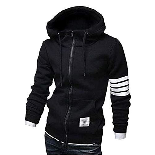 ZUEVI Men's Casual Striped Drawstring Hooded And Zipper Closure Hoodies Slim Fit Lightweight Sweatshirt (Black-XL)