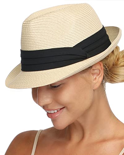 FURTALK Fedora Straw Sun Hat for Men Women Foldable Roll Up Short Brim Trilby Hat Panama Beach Hat UPF 50+ Beige
