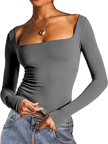 Dwnval Women's Sexy Long Sleeve Crop Top Square Neck Double Lined Basic Slim Fit T Shirt(Dark Grey, S)