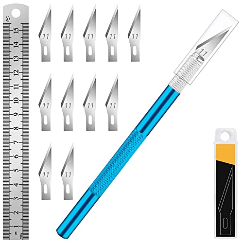 DIYSELF 1 Pcs Craft Knife Hobby Knife with 11 Pcs Stainless Steel Blades Kit, 1pcs Steel 15MM Ruler for Art, Scrapbooking, Stencil(Blue)