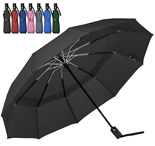 LANBRELLA Umbrella Travel Umbrella, Compact Folding Vented Double Canopy Umbrella Auto Open Close 10 rib - D1 Black