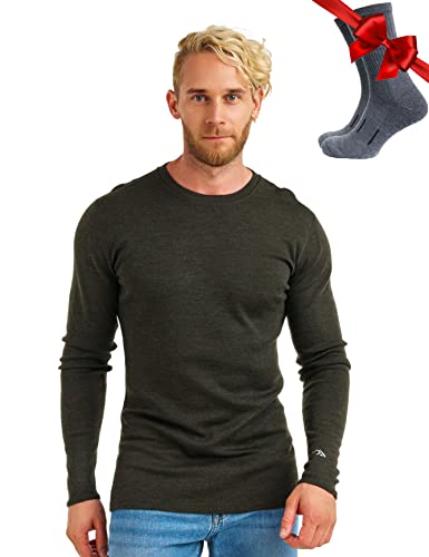 Merino.tech Merino Wool Base Layer - Mens 100% Merino Wool Long Sleeve Thermal Shirts Heavyweight + Socks(Large, 320 Army Green)