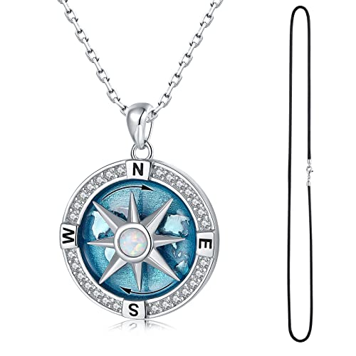 WOUOVO Navy-Anchor Travel-Map Rotatable Compass Necklace for Women Men,925 Sterling Silver Inspirational Nautical Dream Opal Compass Pendant Jewelry Graduation gifts for Boys Girls