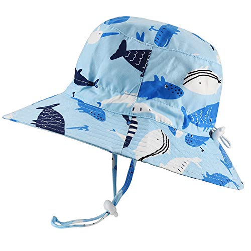 Baby Sun Hat Adjustable Toddler Beach Pool Hat Kids UPF 50+ Wide Brim Summer Play Hat(48cm, Light Blue Whale)