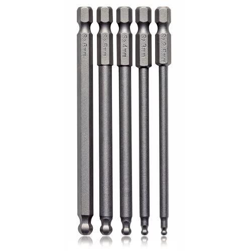 VESTTIO Ball End Hex Head Metric Allen Wrench Screwdriver Bit Set 5PCS 2.5mm 3mm 4mm 5mm 6mm 1/4 Inch Hex Shank 4 Inch/100 mm Length S2 Steel with Magnetic for Power Screwdriver Drill Impact Driver