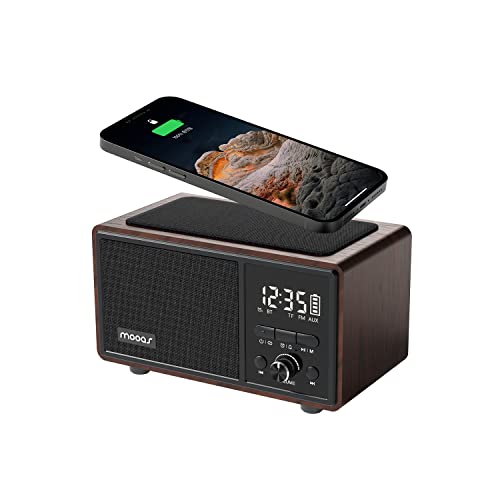 mooas Retro Bluetooth Radio Speaker, Wireless Charging Desk Clock, Bedside FM Radio Alarm Clock, Hands-Free Calling