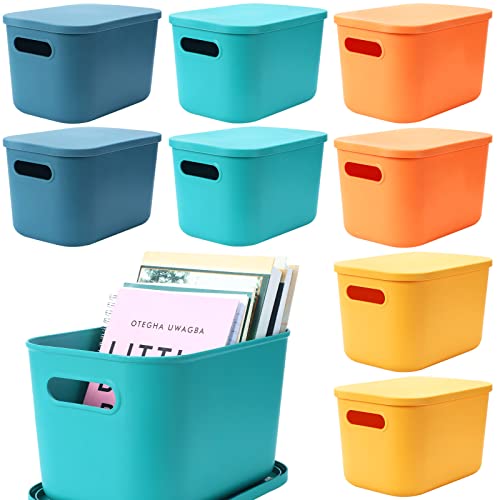 8 Pieces Colorful Plastic Storage Bins with Lid Stackable Baskets with Handle Desktop Storage Box Cubby Bins Containers for Cabinet Shelf Kitchen Bedroom Bathroom Office (10.2 x 7 x 6.3 Inch)
