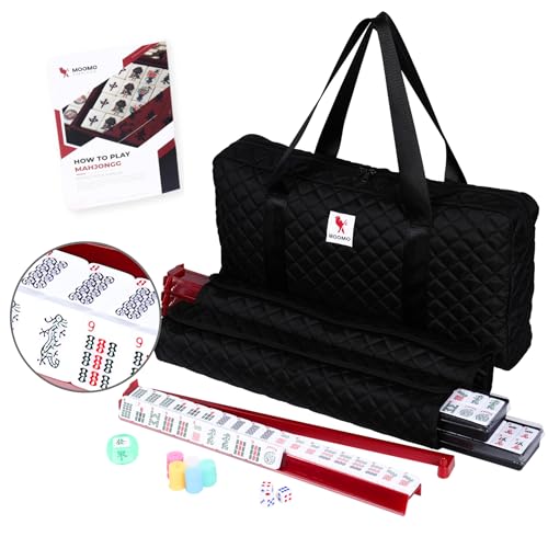 Moomo Deluxe American Mahjong Set - Complete Kit with 166 Premium White Tiles, Elegant Black Quilted Bag, Integrated Rack/Pushers in Crimson Red, Dice, Chips, Bettor & Detailed Instructions