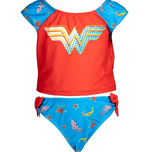 DC Comics Justice League Wonder Woman Little Girls Swim Rash Guard Bottom Set Red/Blue 6
