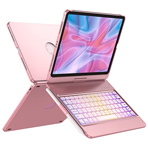 iPad Pro 11 inch Case with Keyboard(4th/3rd/2nd/1st Gen),iPad Air 10.9 inch 5th/4th Gen Case with Keyboard,10 Color Backlight Bluetooth Keyboard with Pencil Holder,360° Rotatable Screen(Rose Gold)