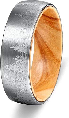 POYA 8mm Tungsten Ring Lasered Forest Landscap Men's Brushed Wedding Band with Oliver Wood Sleeve (9)