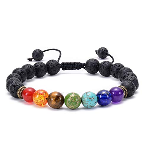 GelConnie Lava Rock Chakra Bracelet 7 Chakra 8mm Natural Stone Healing Bracelet Stress Relief Yoga Beads Anxiety Bracelet Aromatherapy Essential Oil Diffuser Bracelet Bangle