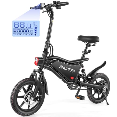 ANCHEER Folding Electric Bike for Adults, 20MPH Ebike, UP to 45 Miles Electric Bikes, Foldable 14' Electric Bicycle for Men Women, Cruise Control Ebikes, LCD Digital Display, Dual Suspension Fork