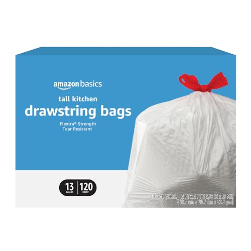 Amazon Basics Flextra Tall Kitchen Drawstring Trash Bags, Unscented, 13 Gallon, 120 Count