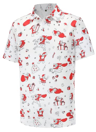 Funny Christmas Golf Shirts Mens Short Sleeve Polo Shirts Dry Fit Moisture Wicking Party Ugly Golf Shirt Graphic Santa Claus Golf Polo Shirts for Men Holiday Vacation, White Red