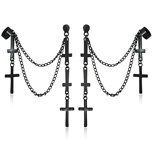 ANDPAI Personalized Multi Layered Long Stainless Steel Cross Chain Dangle Earring Threader Tassel Ear Cuff Black Punk Drop Earring for Women Men Girls Statement Jewelry Gifts (Black)