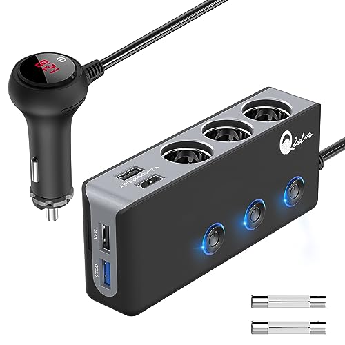 Quick Charge 3.0 Cigarette Lighter Splitter, Qidoe 3 Socket 180W Cigarette Lighter Adapter with 4 USB Fast Charging, DC 12V/24V Cigarette Outlet LED Voltmeter Independent Button for All Car Devices