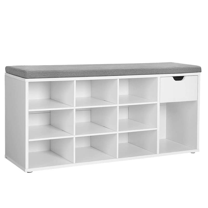 VASAGLE Storage Bench, Entryway Bench with Cushion, Drawer and Open Compartments, Bench with Storage, for Living Room, Bedroom, Closet, White and Gray ULHS24WT
