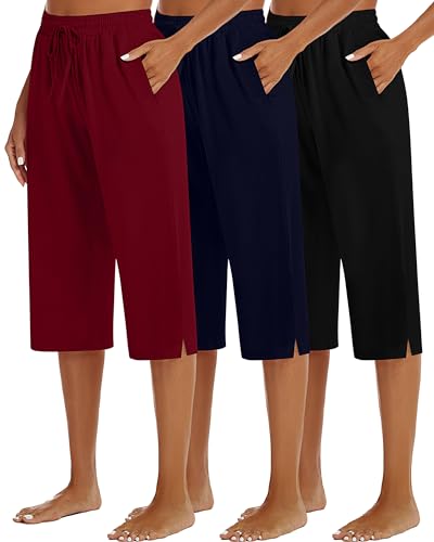 Locoowai 3 Pack Women's Capris Wide Leg Capri Pants Womens Drawstring Pajama Sweatpants Women Lounge Pants with Pockets (Black, Navy Blue, Wine Red,X-Large)