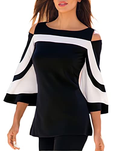 Women Blouses and Tops Black White Colorblock Bell Sleeve Cold Shoulder Top Shirt XL