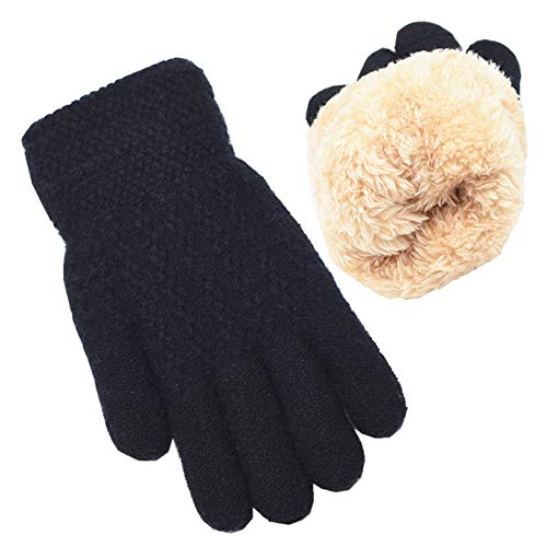 Winter Gloves for Boys Girls - Kids Warm Knit Thermal Cable Knitted Gloves Black Wool Fleece Lined Mittens for Cold Weather