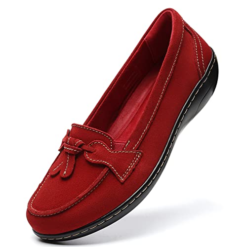 Osslue Women's Classic Red Microsuede Leather Penny Loafers Retro Ladies Moccasins Driving Mocs Fashion Tassel Boat Shoes Comfort Slip-On Casual Walking Flats 6.5 M US ZZF-6077-HON065