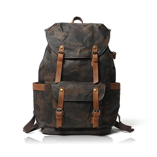 CRUITBILI Camouflage Waxed Canvas Leather Hiking Travel Waterproof Backpack For College Weekend Travel Fit 15in laptops (Rainforest Camouflage)