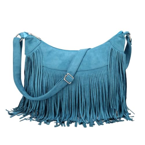 Women Western Fringe Purse Shoulder Bag Vegan Suede Tassel Hippie Crossbody Purse (turquoise blue)