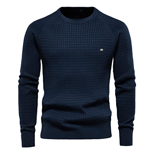 Cotton Men Sweaters Soild Color Mesh Pullovers Male Winter Autumn Basic Sweaters for Men Navy L