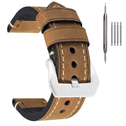 EACHE Leather Watch Band, Crazy Horse Genuine Cowhide Watch Strap,22mm Tan-Silver Hardware