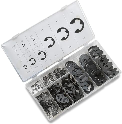 NEIKO 50455A E-Clip Assortment Set | 300 PCS, 9 SAE Sizes, Heat Treated External Retaining Clips, 1/16' - 7/8 Inch | High Carbon Steel Circlip Kit, Anti Walk Washers, Retaining Rings