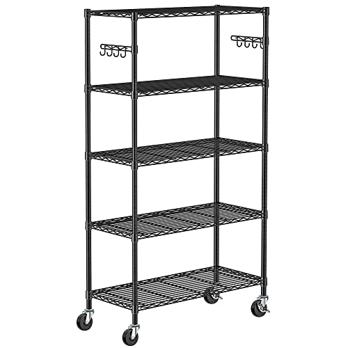Folews 5 Tier Storage Shelves with Wheels - Metal Shelves for Storage Adjustable Wire Shelving Unit Organizer Storage Rack Shelf for Kitchen Garage Pantry Closet Laundry(14D x 36W x 75H)
