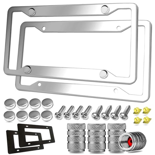 YoUoY Stainless Steel License Plate Frame- 2 Pack License Plate Holder, with Screws, Chrome Caps, Heavy Duty Rustproof Metal Front Rear Car Tag Cover