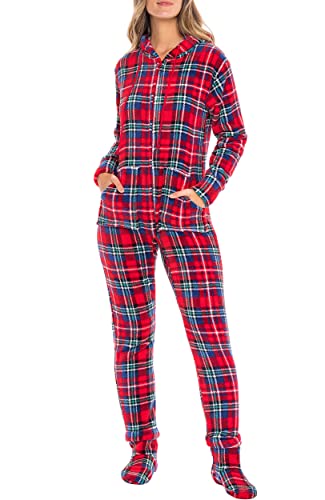 Alexander Del Rossa Women's Warm Fleece One Piece Footed Pajamas, Adult Onesie with Hood and Pockets, Christmas Plaid Footed, Women’s Medium (A0322Q19MD)