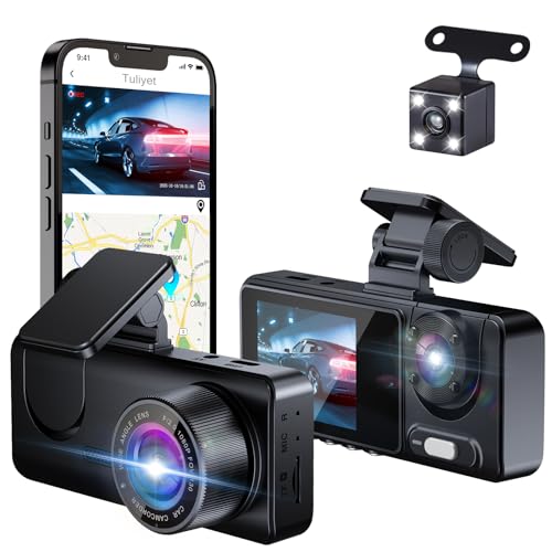 Tuliyet Dash Cam Front and Rear, 64G SD Card, 1080P 3 Dash Camera for Cars, 170° Wide Angle Dashcam, 2'' IPS Screen, G-Sensor, WDR, Parking Monitor